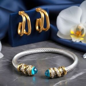 18k Gold Plated Cable Cuff Bracelet 💎 Turquoise Crystals ✨➕️ FREE Earrings